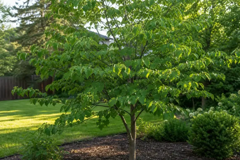 Young redbud tree with curled leaves in a mulched garden bed
