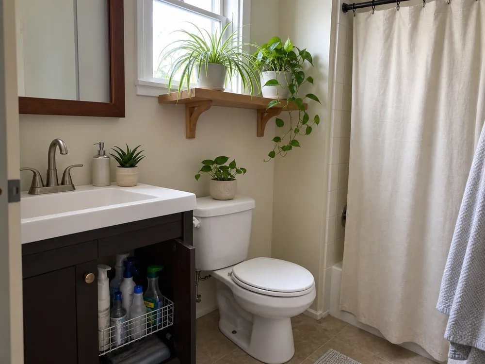 Safe bathroom houseplant placement away from shower spray, toiletries, and electrical cords