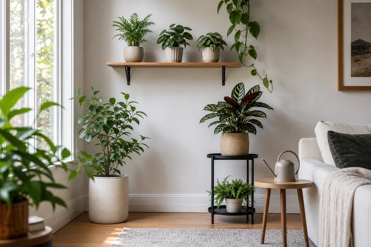 Houseplants placed on shelves and stands in a bright living room