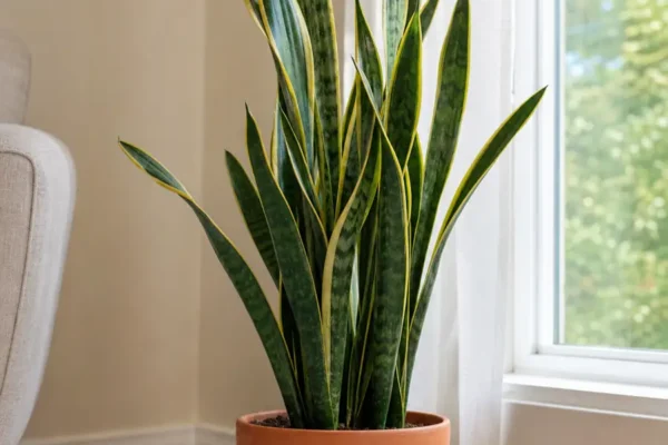 Healthy snake plant in a terracotta pot beside a bright window