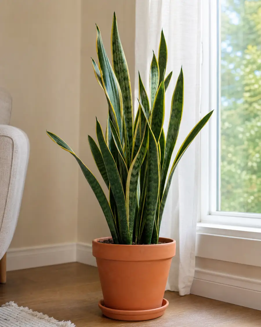 Healthy snake plant in a terracotta pot beside a bright window