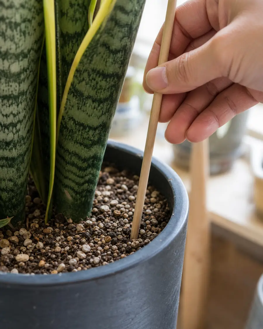 Hand using a wooden stick to check dry snake plant potting mix before watering