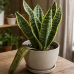 Snake plant in a pot with one soft drooping leaf near a bright indoor window