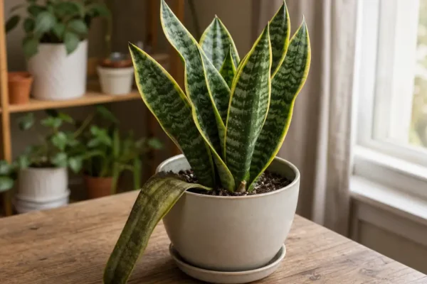 Snake plant in a pot with one soft drooping leaf near a bright indoor window