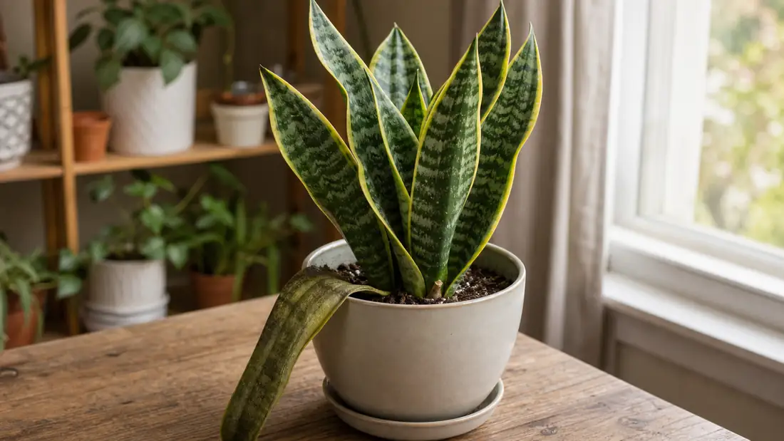Snake plant in a pot with one soft drooping leaf near a bright indoor window