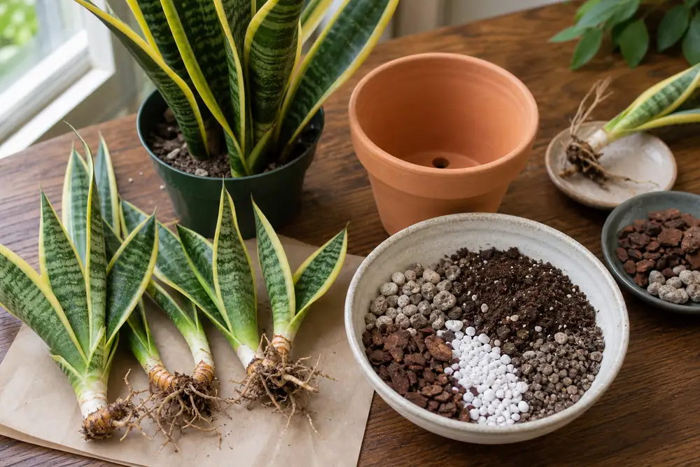 Snake plant being repotted into a small pot with chunky draining mix, perlite, bark, and healthy rhizomes visible