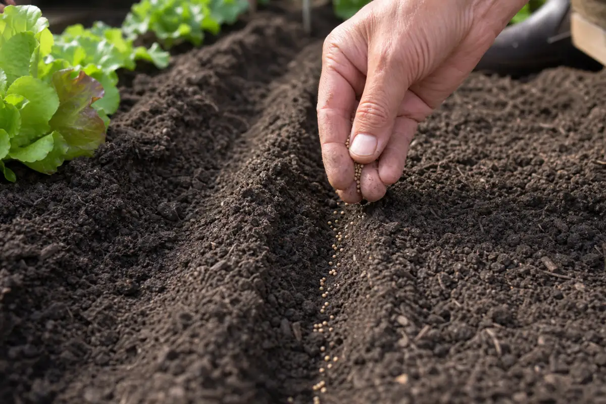 Lettuce seeds being sown in a shallow furrow in prepared garden soil