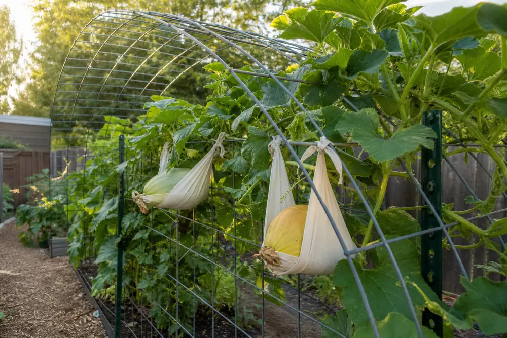 Squash fruit supported in fabric slings on a cattle panel arch trellis