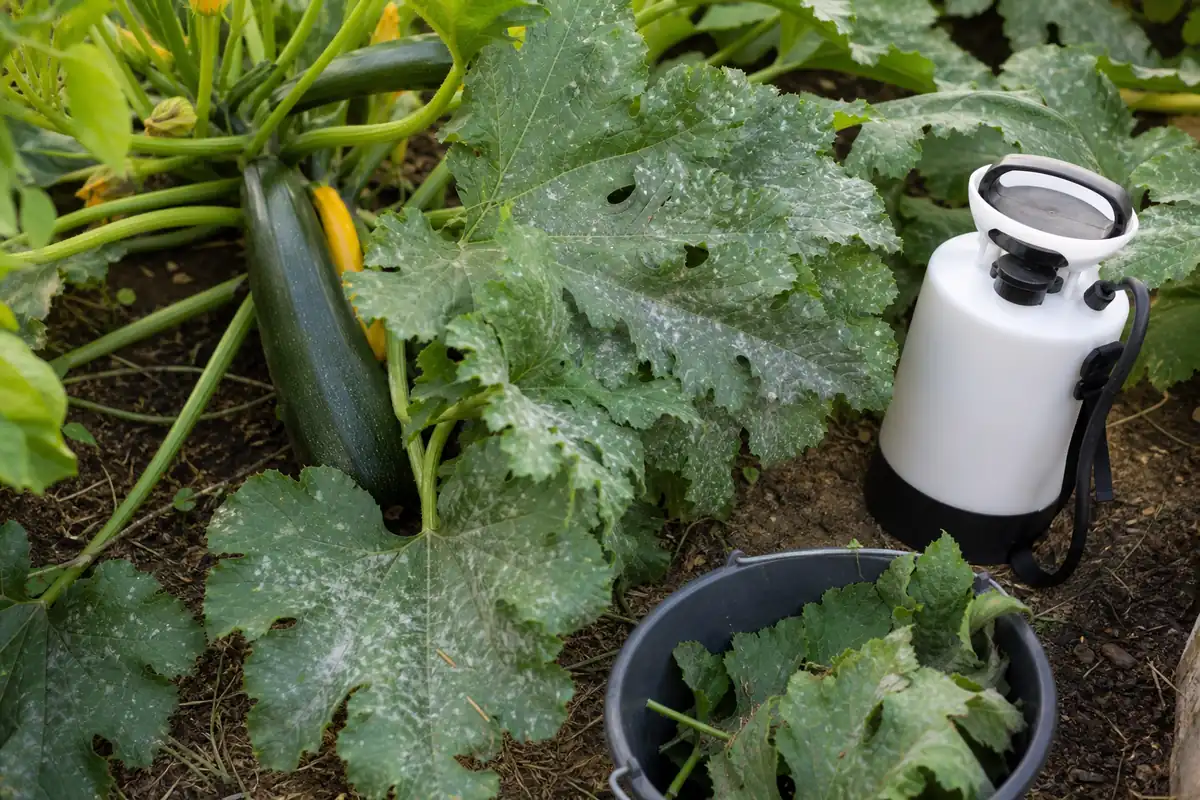 Pump sprayer and pruned squash leaves beside squash plants with powdery mildew
