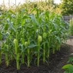 Sweet corn growing in a compact block in a backyard garden