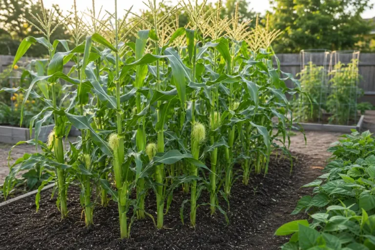 Sweet corn growing in a compact block in a backyard garden