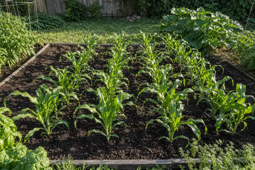 Sweet corn planted in a compact block of short rows in a backyard garden