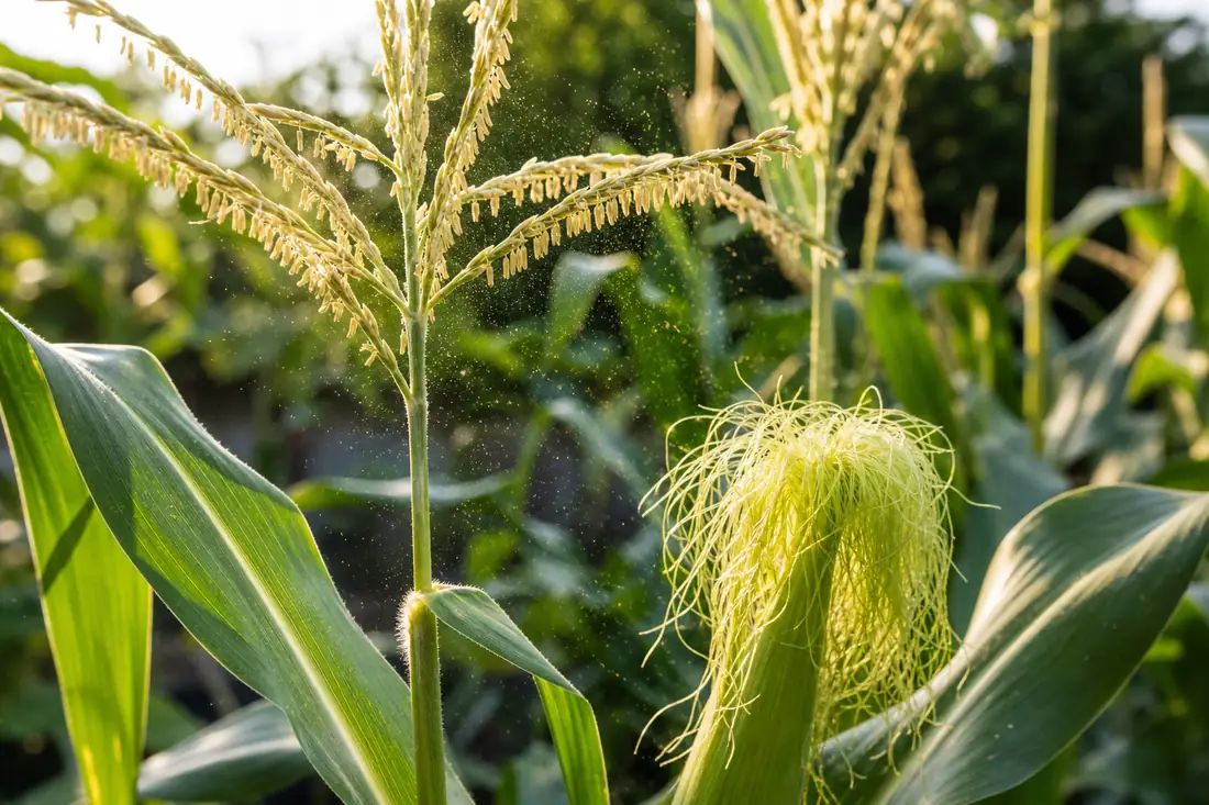 Sweet corn tassels shedding pollen above fresh silks
