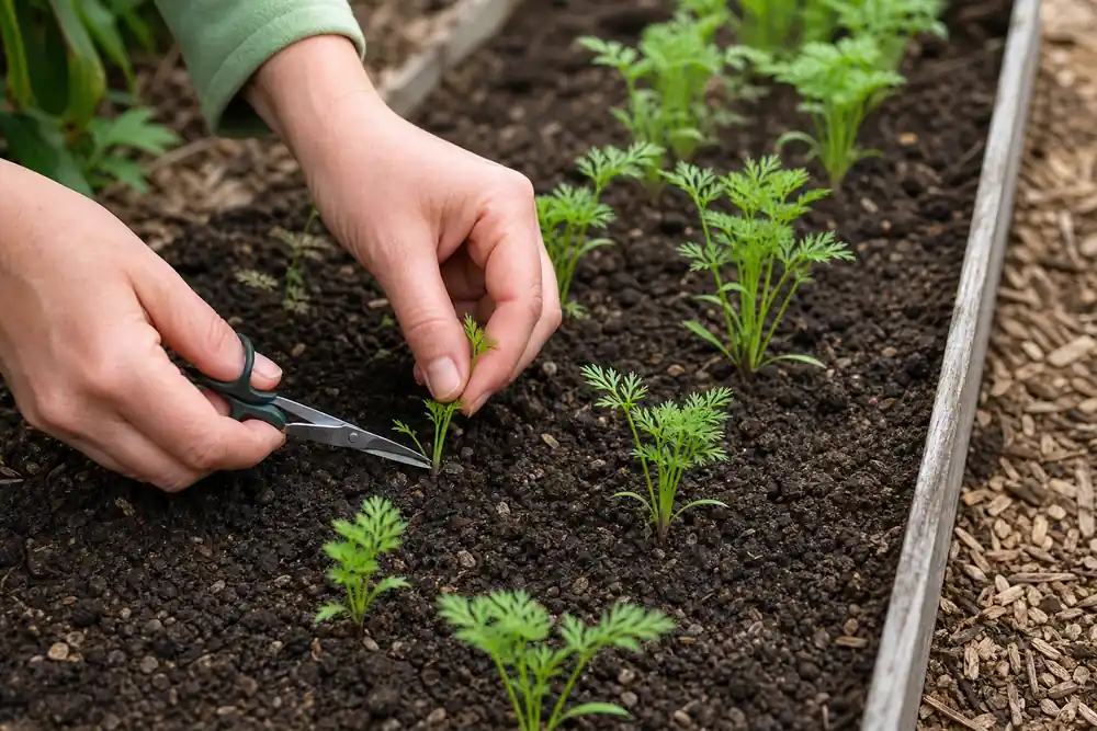 Gardener thinning young carrot seedlings with small scissors