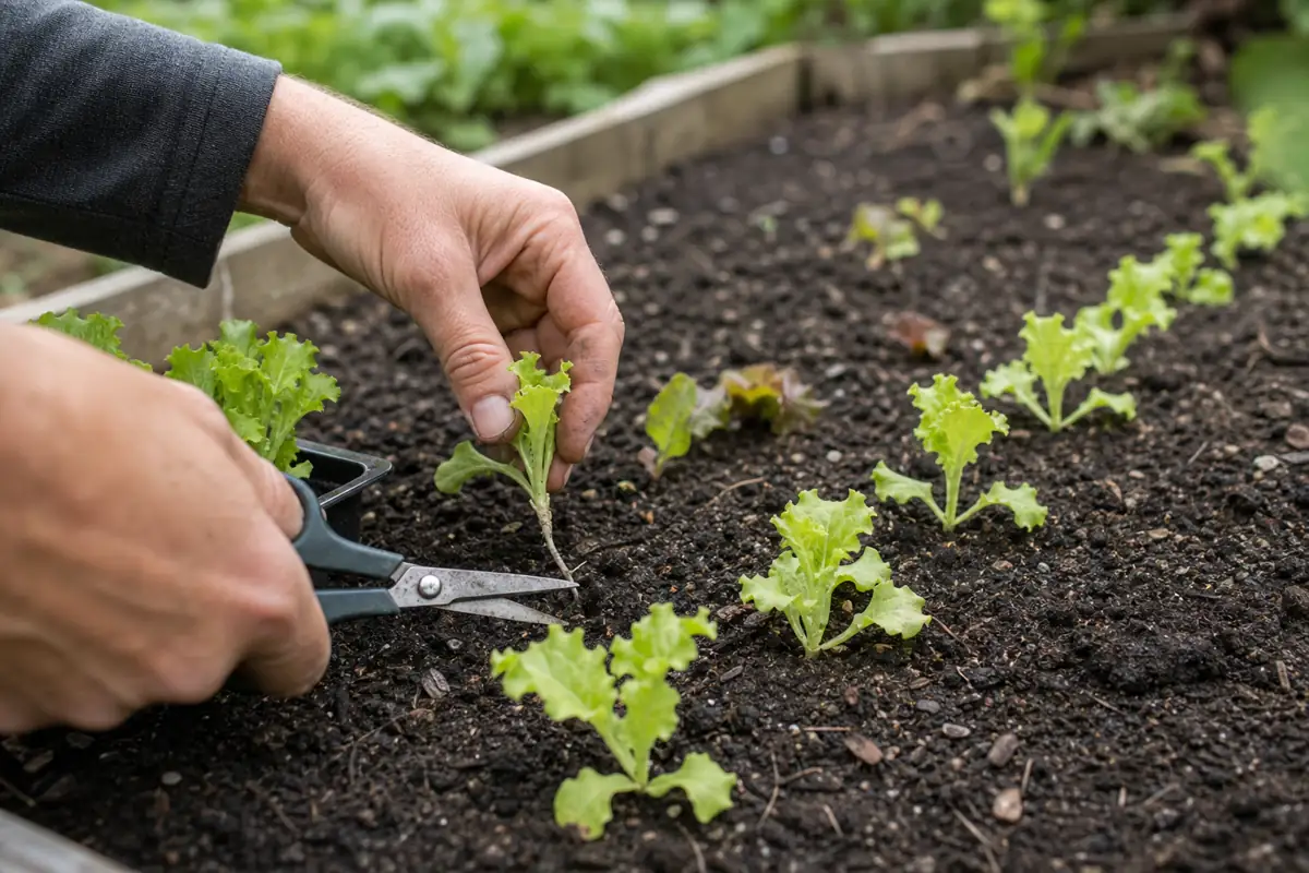 Young lettuce seedlings being thinned with small scissors for better spacing