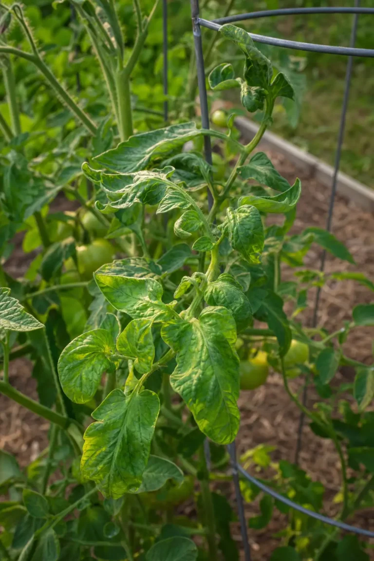 Tomato plant with curled leaves in a backyard vegetable garden