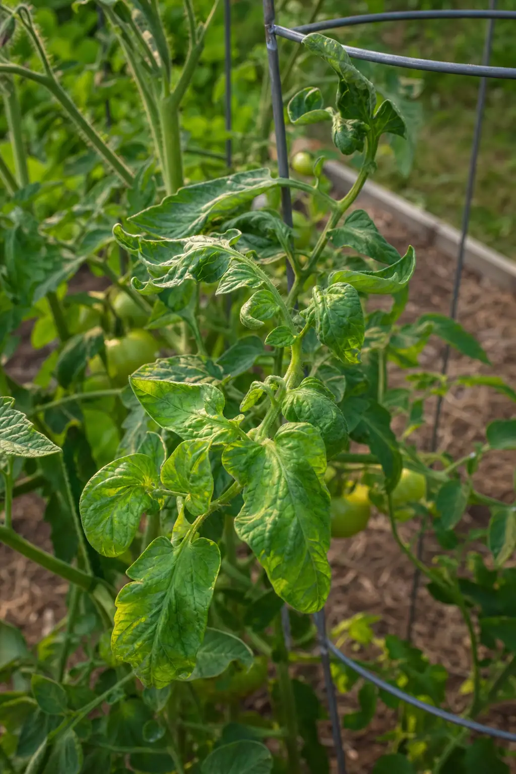 Tomato plant with curled leaves in a backyard vegetable garden