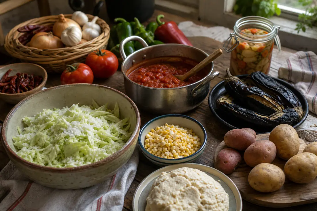 Traditional vegetable cooking methods with salted cabbage, tomato sauce, corn masa, charred eggplant, pickles, peppers, and potatoes on a kitchen table