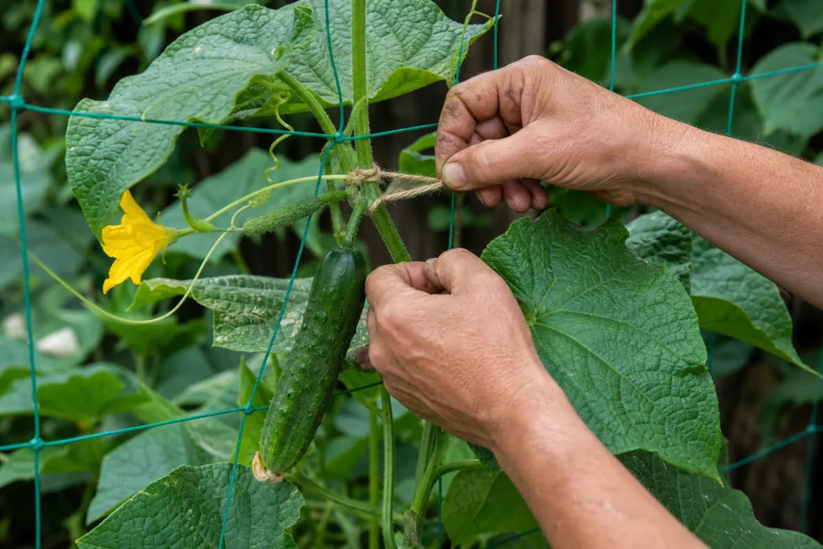 Gardener loosely tying a cucumber vine to netting with soft twine