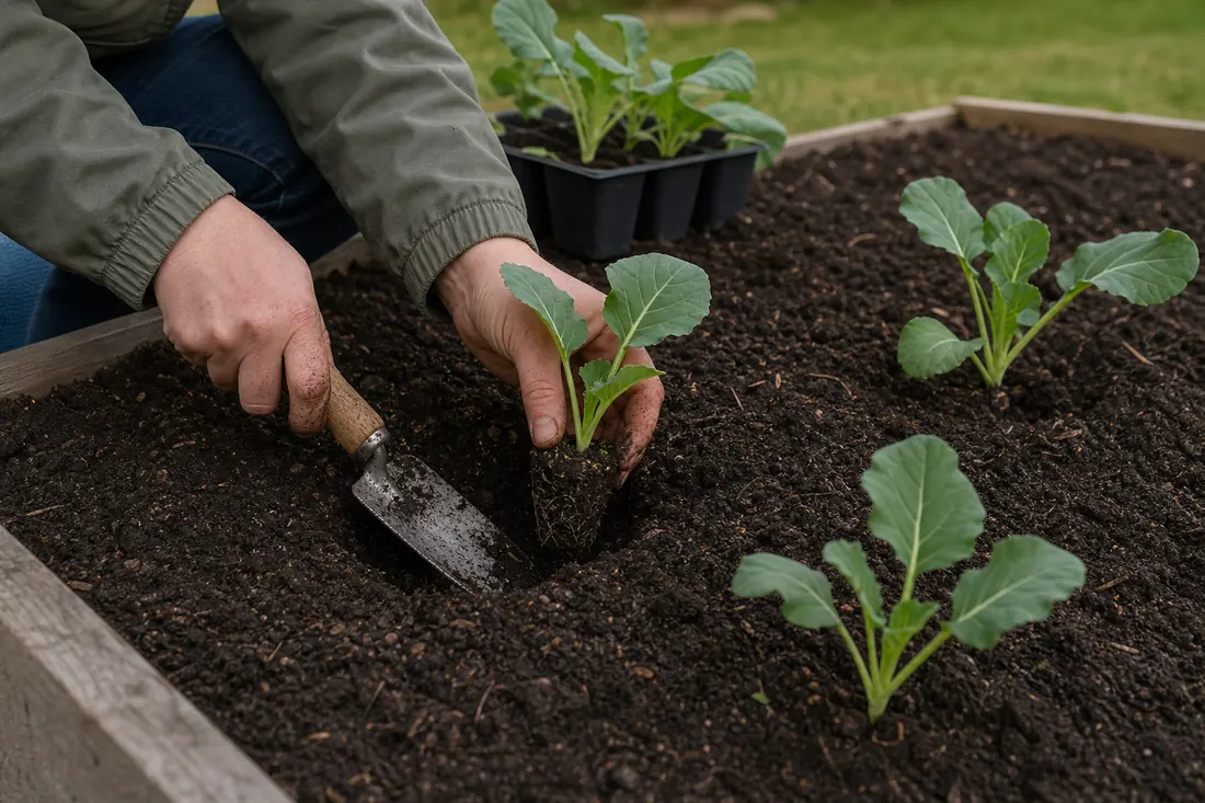 Stocky broccoli seedlings being transplanted into a prepared garden bed