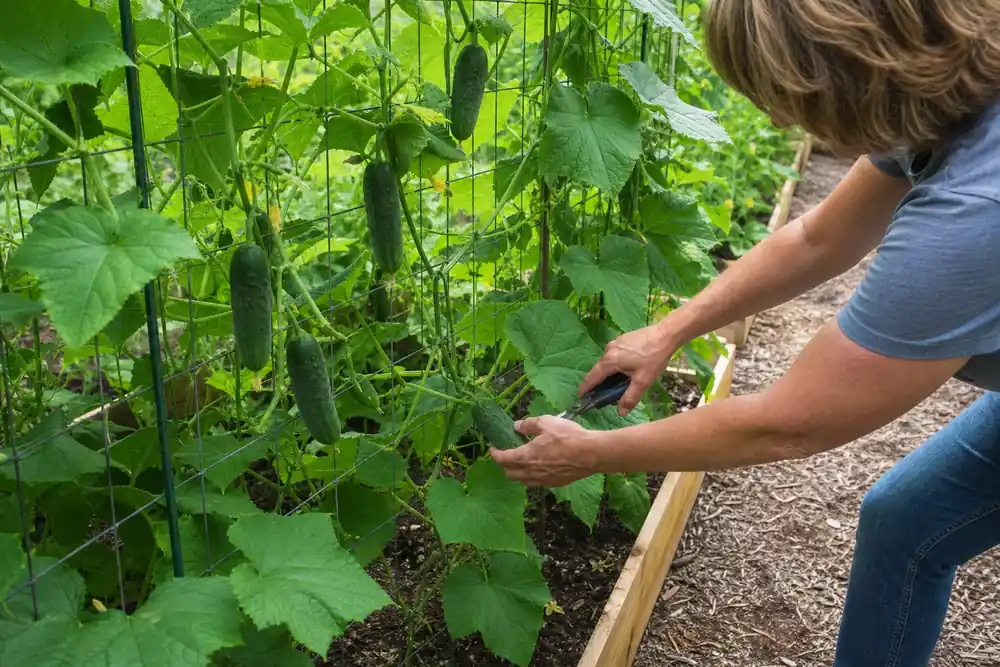Healthy cucumber vines trained on a trellis with fruit hanging clear for harvest