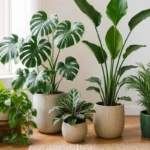 Different tropical house plants grouped by leaf size and growth habit in a bright indoor corner