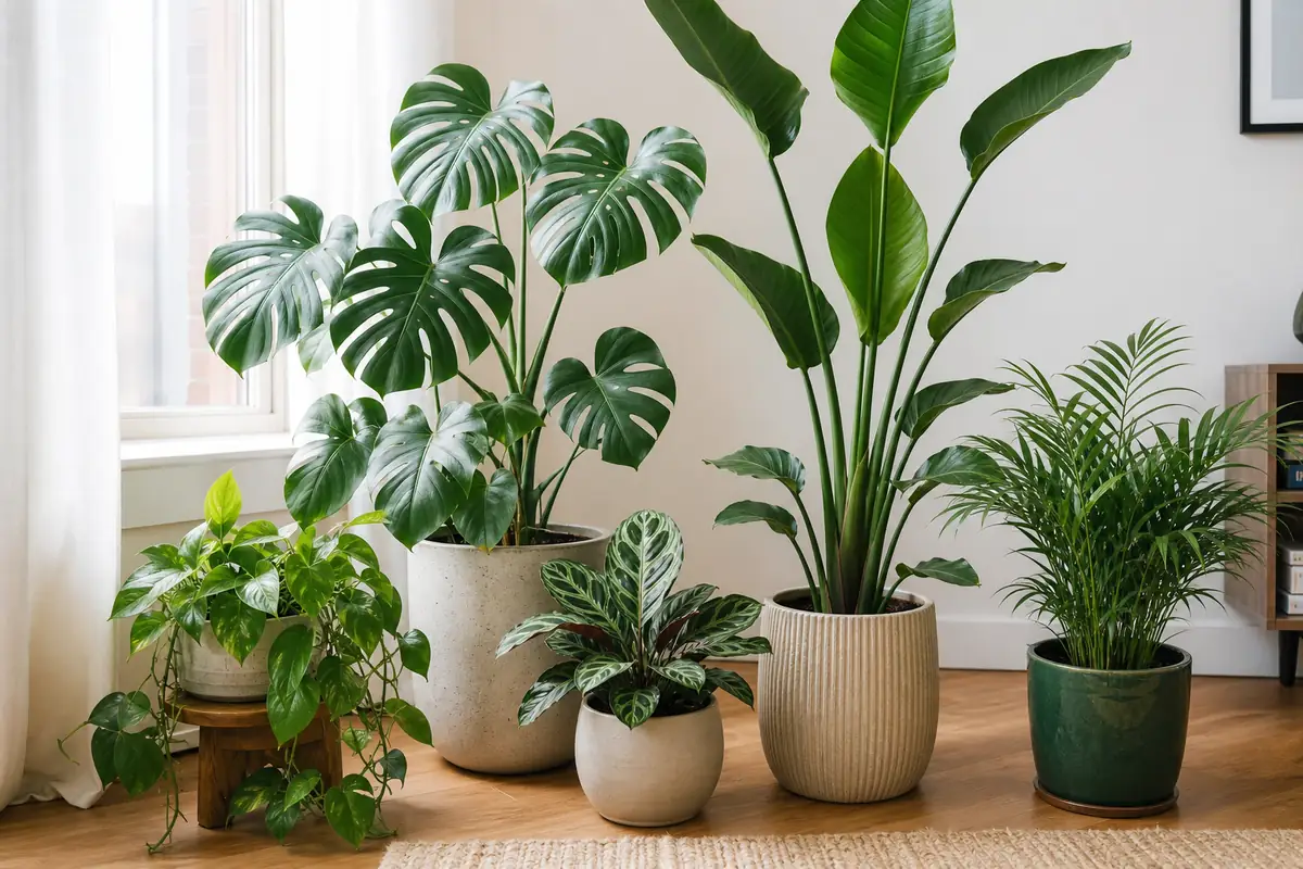Different tropical house plants grouped by leaf size and growth habit in a bright indoor corner
