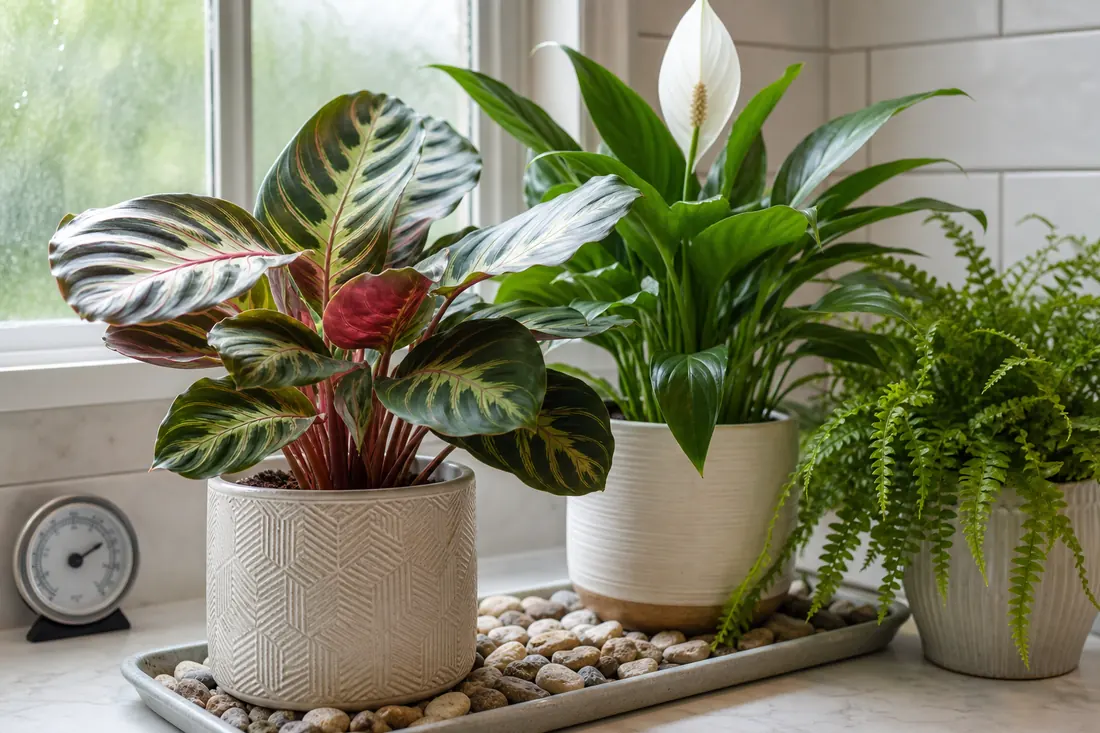 Humidity-sensitive tropical foliage plants on a tray near a bright indoor window