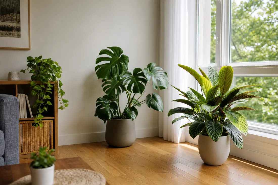 Tropical house plants placed at different distances from a bright window to show indoor light zones
