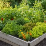 Raised garden bed planted with vegetables, herbs, flowers, and trellised crops