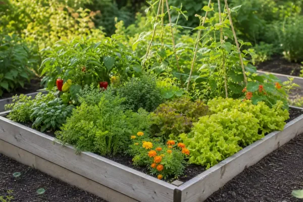 Raised garden bed planted with vegetables, herbs, flowers, and trellised crops