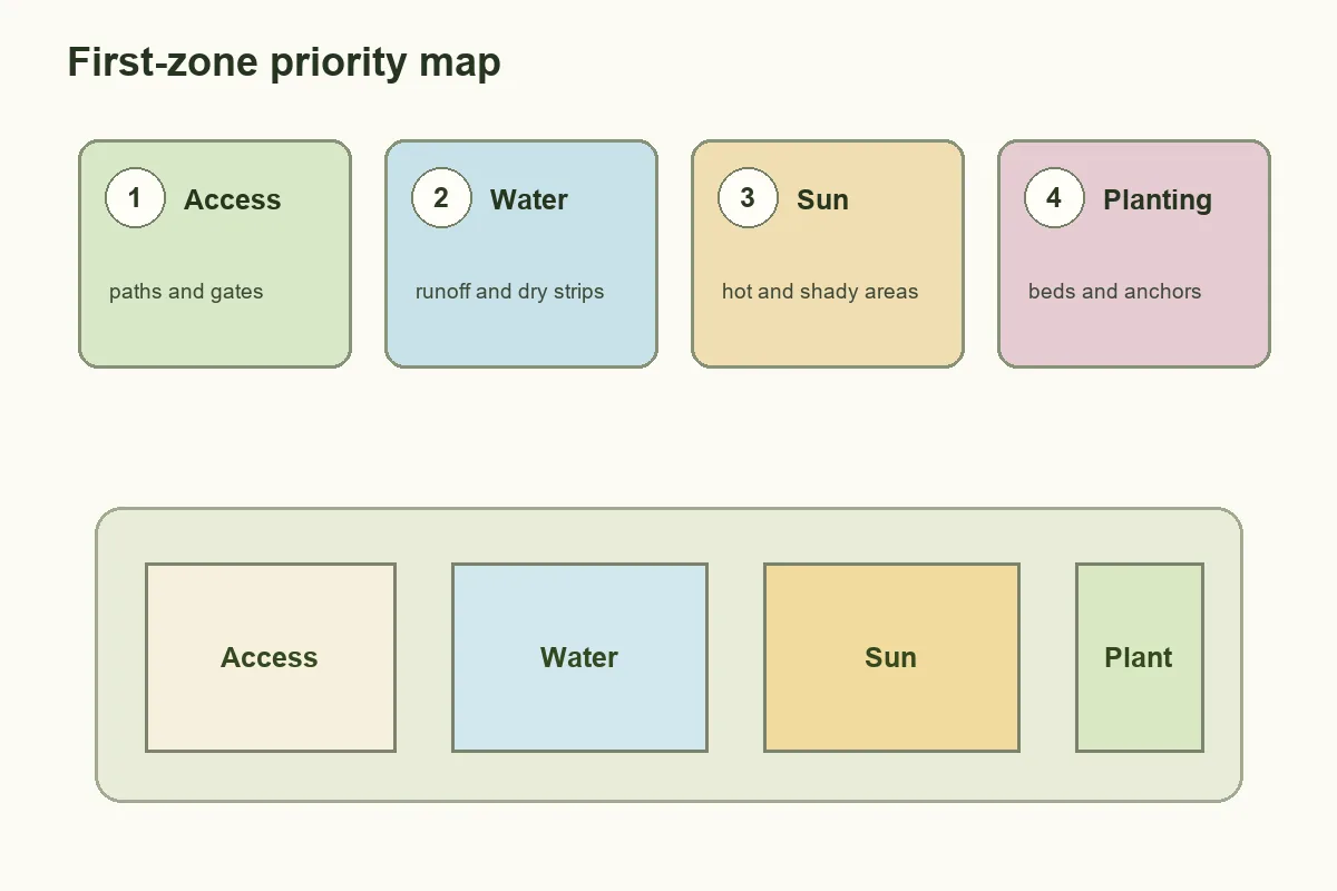 Backyard zone priority map showing access, water, sun, and planting areas