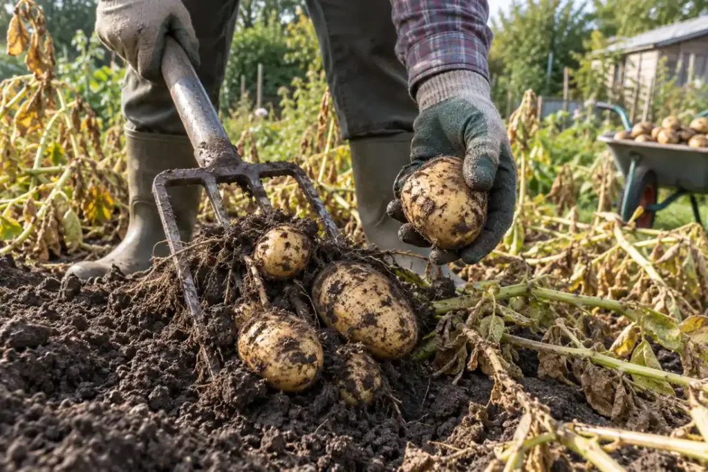 A gardener lifts mature potatoes from soil beside drying potato vines