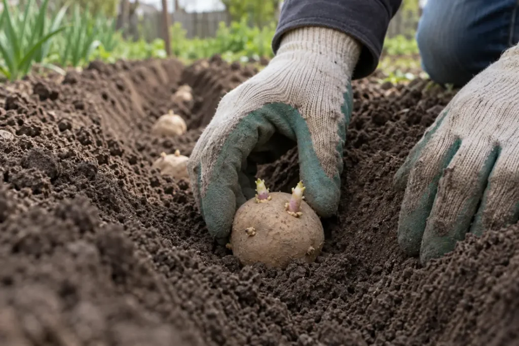 Gloved hands place a sprouted ordinary seed potato in a shallow soil trench