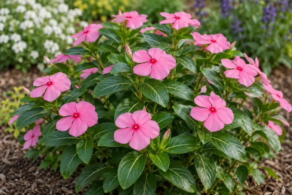Pink five-lobed annual vinca flowers above glossy paired oval leaves
