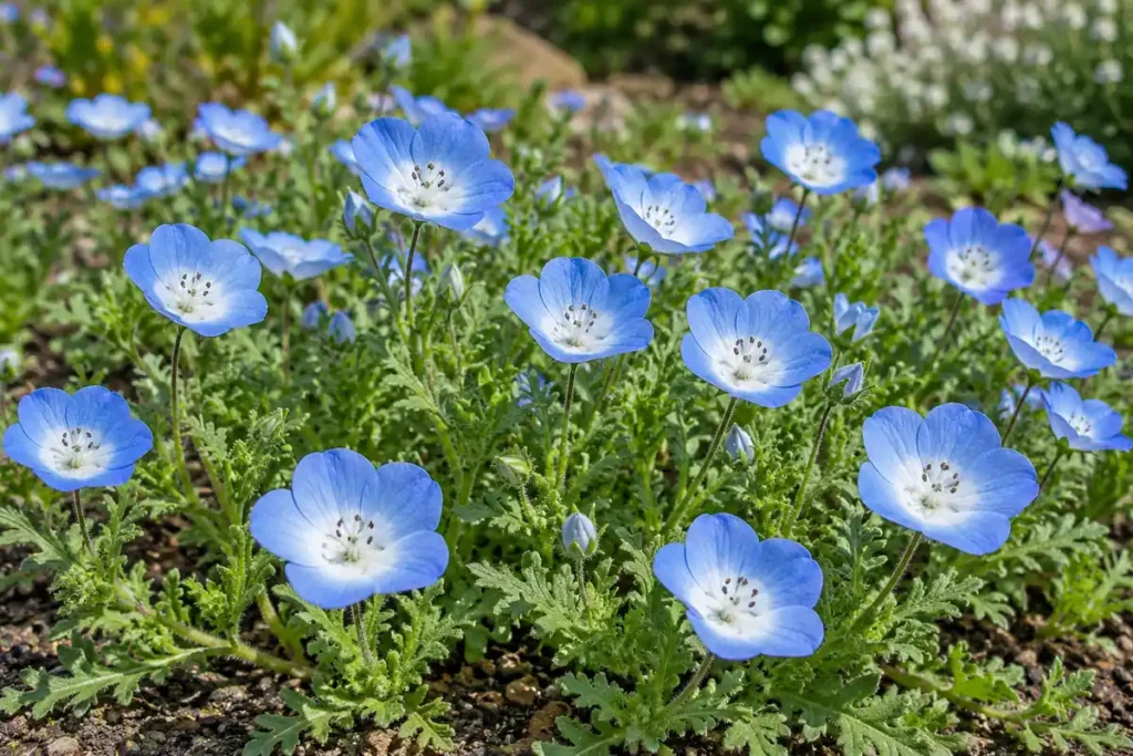 Sky-blue baby blue eyes flowers with pale centers above lobed green foliage
