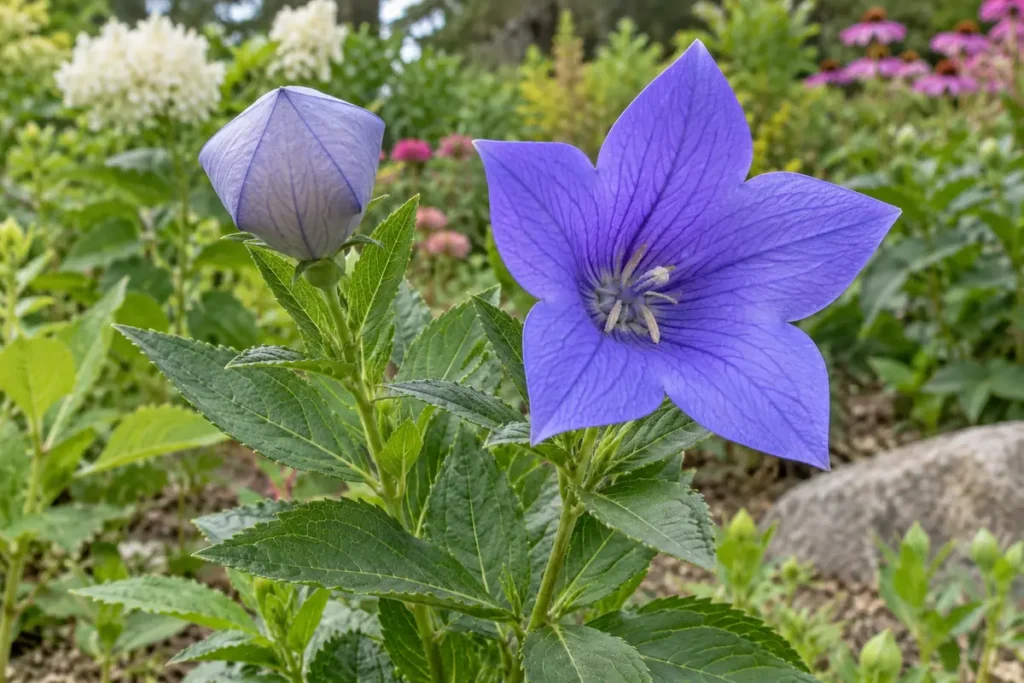 Blue-violet balloon flower beside an inflated unopened bud and toothed leaves