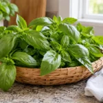 Fresh sweet basil sprigs and broad green leaves in a shallow harvest basket