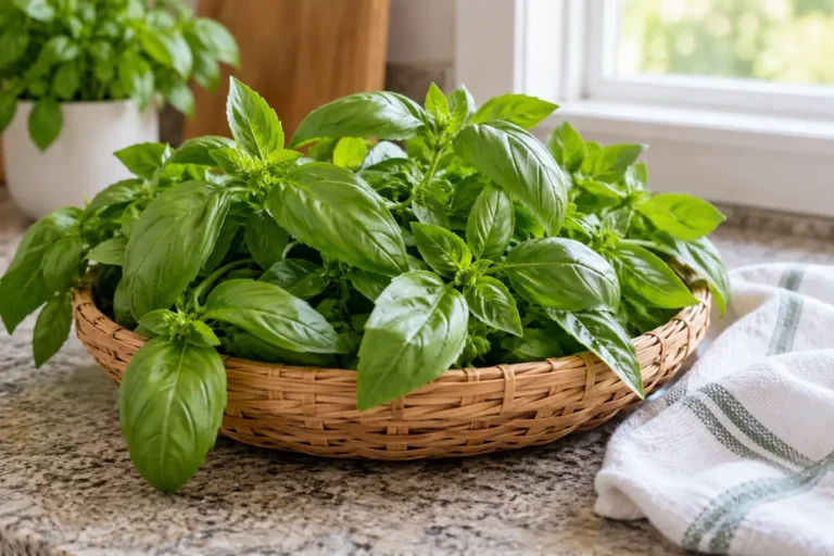 Fresh sweet basil sprigs and broad green leaves in a shallow harvest basket