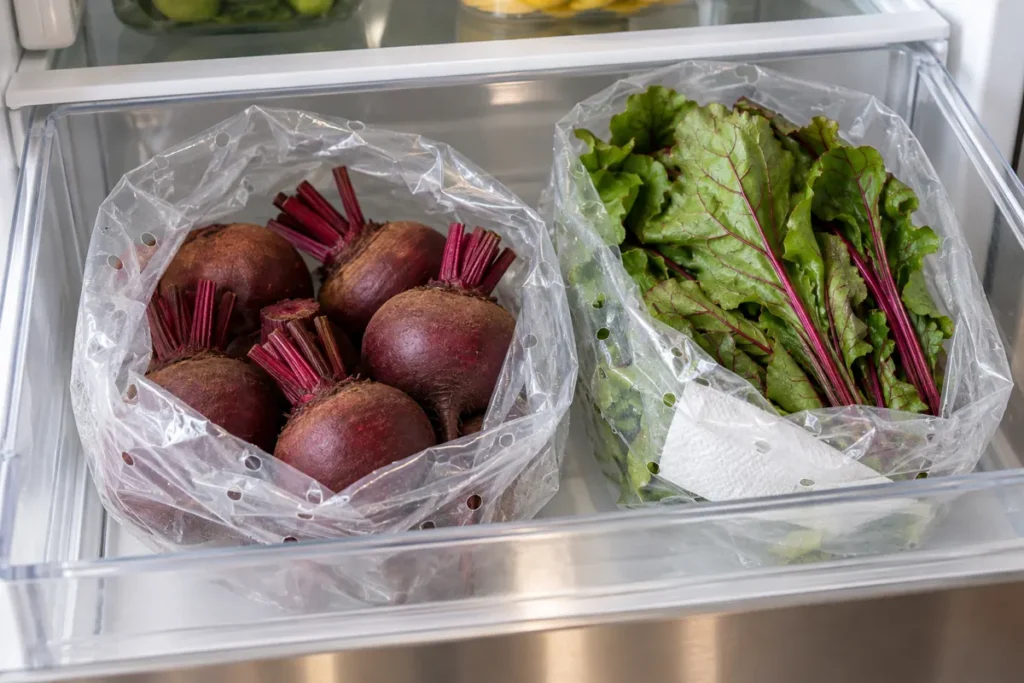Beet roots and fresh beet greens held in separate produce bags in a refrigerator