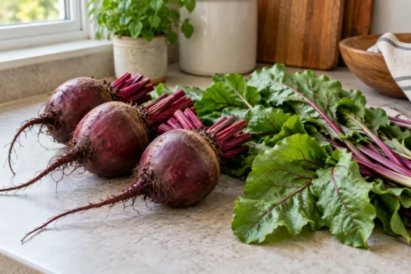 Sound red beet roots with trimmed stems and separate fresh beet greens on a kitchen counter