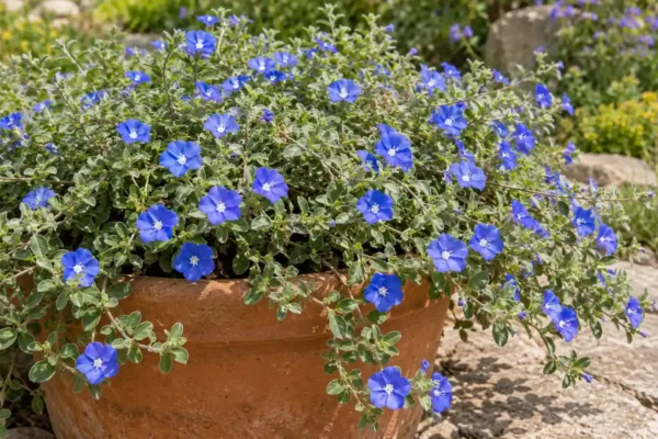 Blue daze flowers with pale centers above small silvery-green leaves spilling over a pot