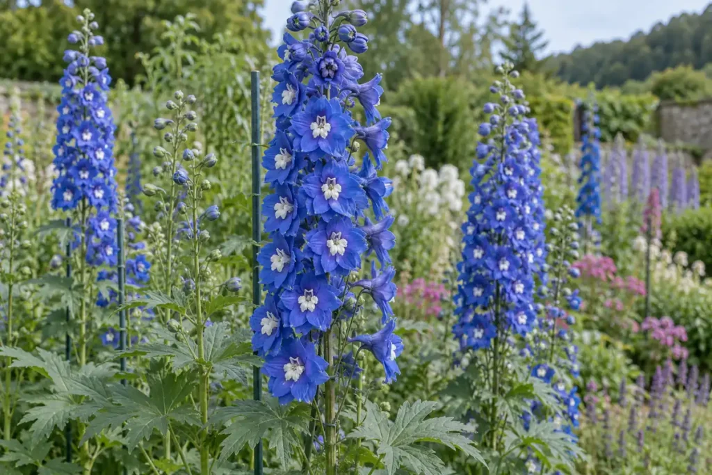 Tall blue delphinium flower spikes with pale centers above deeply lobed foliage