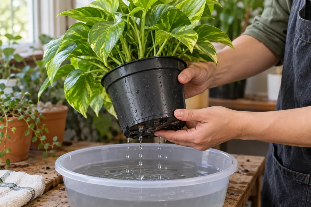 Hands lifting a nursery pot as water drains from holes in its base