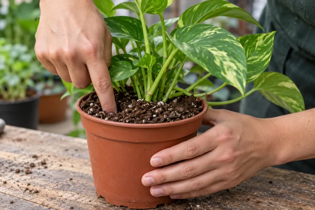Finger checking potting mix near the edge of a supported pothos pot
