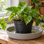 Pothos in a nursery pot standing in a shallow basin of water