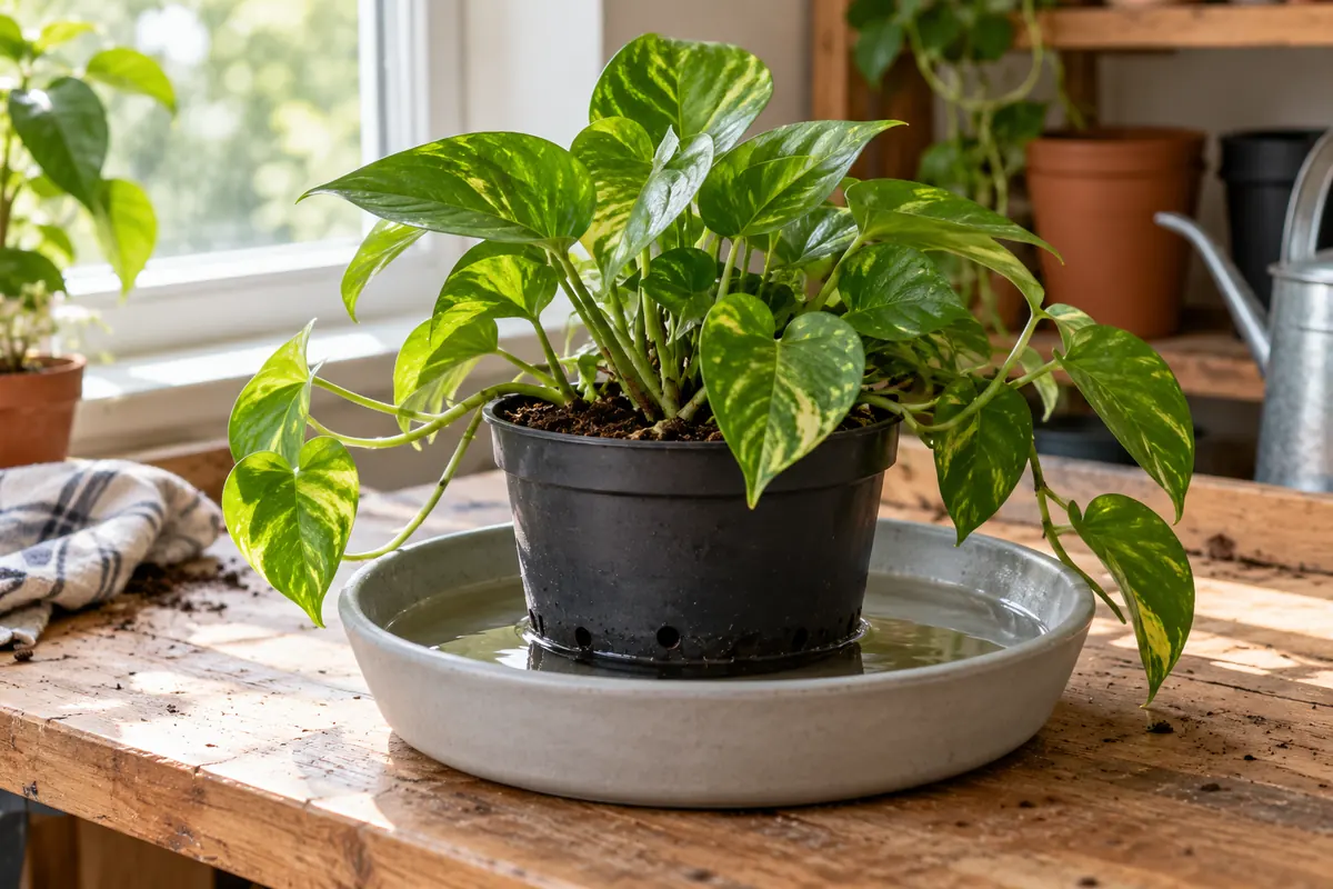 Pothos in a nursery pot standing in a shallow basin of water