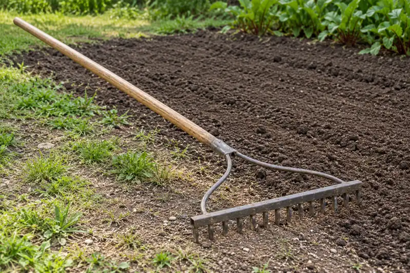 Bow rake with a straight steel head, short rigid teeth and bow supports