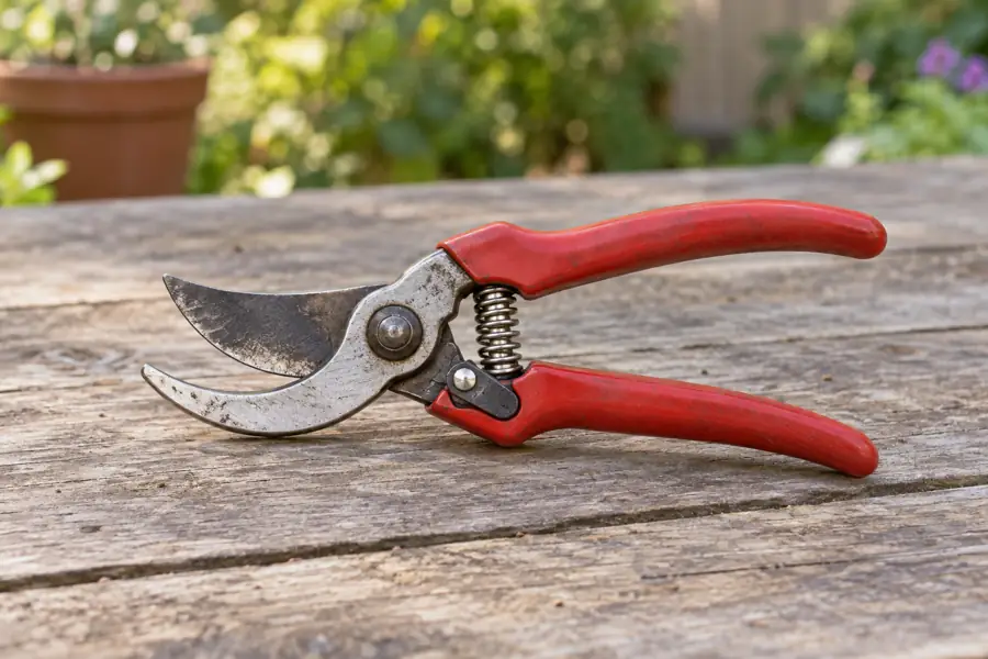 Open bypass hand pruners showing curved passing blades and short handles