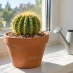 Healthy ribbed desert cactus in a terracotta pot beside a watering can